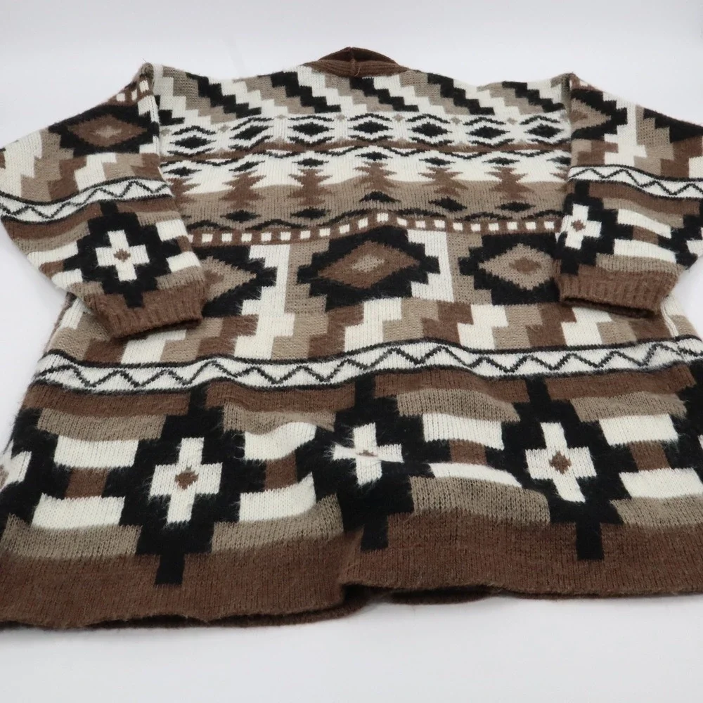Yarnworks Cardigan Sweater Womens Medium Brown Southwestern Geometric Shawl Open
